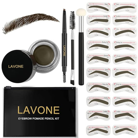 LAVONE Eyebrow Stamp Stencil Kit for Eyebrows, Brow Stamp Trio Kit with Waterproof Eyebrow Pencil, Eyebrow Pomade, 20 Eyebrow Stencils, Dual-ended Eyebrow Brush and Sponge Applicator - Ebony