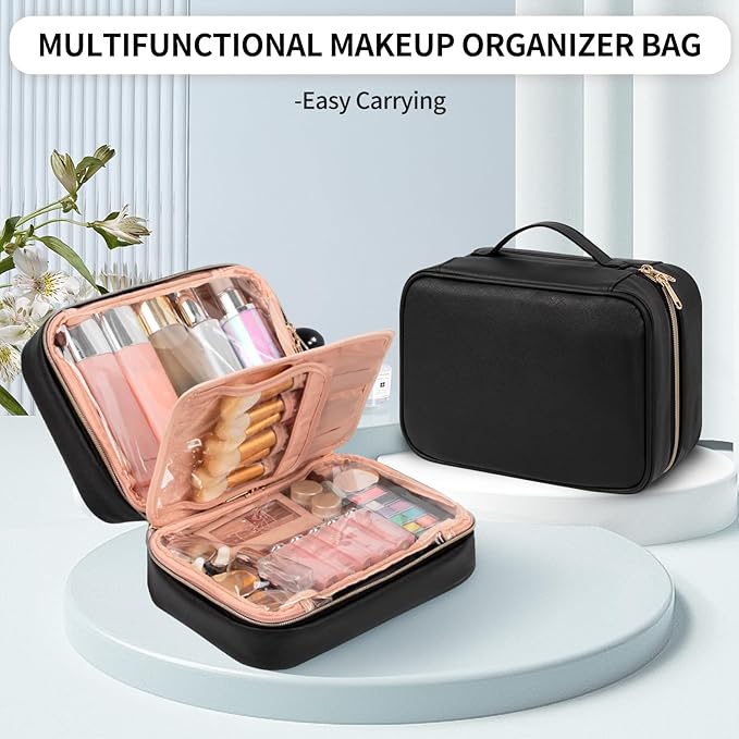 OCHEAL Makeup Bag, Makeup Travel Bag Large Capacity Waterproof Cosmetic Organizer Bag, with Makeup Brush Compartment & Handle for Women Girls Travel Toiletry Accessories-Black