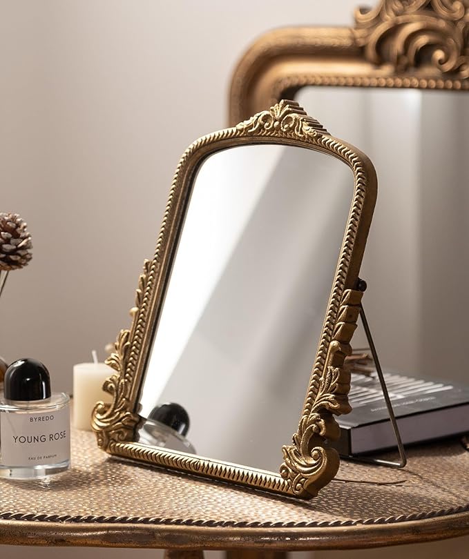 Small Gold Vintage Vanity Mirror, Antique Gold Wooden Framed Standing Tabletop Mirror, Traditional Chic Arch Makeup Mirror for Living Room, Bedroom, Bathroom, or Office Decor, 11.8" x 9.6"