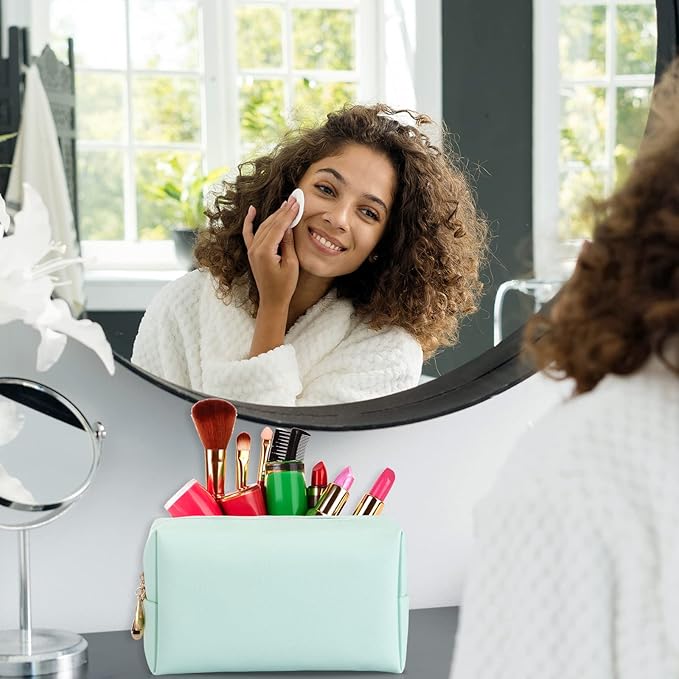 Sanwuta 9 Pcs Makeup Bags Bulk PU Double Zippers Cosmetic Bag Makeup Toiletry Pouch Portable Travel Organizers Case for Women Bachelorette Party End of The Year Bridesmaid Gift(Mint Green)