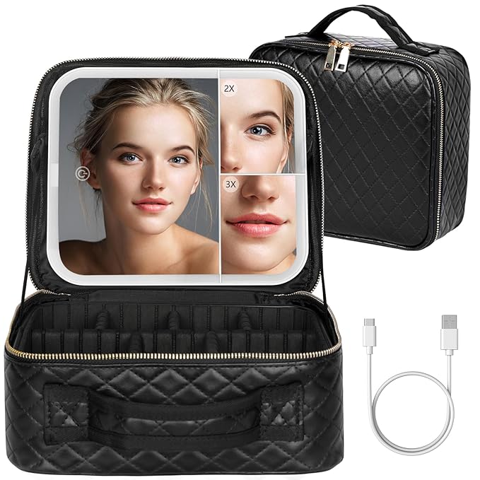 Makeup Bag with LED Mirror, Makeup Organizer Train Case with 1X,2X,3X Vanity Mirror, Adjustable Brightness in 3 Color Settings, Portable Make up Bag with Brush Holder & Storage Dividers, Black