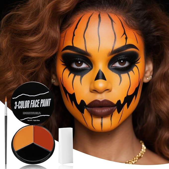 Black Red Orange Face Body Paint + 3PC Sponge + Brush, Colored Eye Black for Baseball Softball Sport Games, Face Painting Kit for Halloween Makeup, Pumpkin Cosplay, Costume, SFX Makeup, Theme Parties