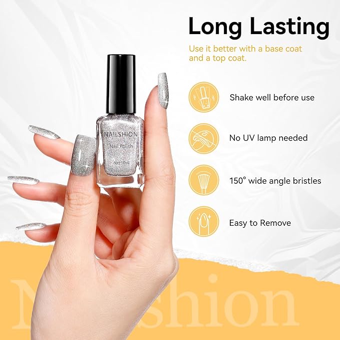 Silver Sparkle Nail Polish Oil-Based Glitter Rainbow Sparkly Regular Nail Polish Fast Air Dry Nail Lacquer Vegan Toe Fingernail Polish Nails Art DIY Home Travel Manicure Gift for Girls Women