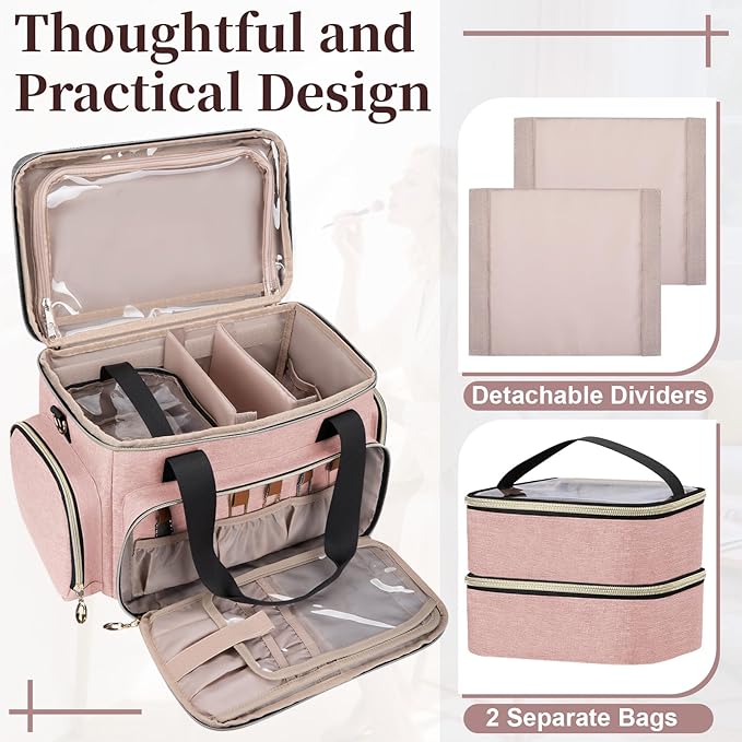Large Makeup Bag, Portable Travel Makeup Bag Organizer for Women Girls with 2 Removable Pouches & Detachable Dividers, Cosmetic Travel Bag, Toiletry Bag for Makeup and Hair Supplies Pink