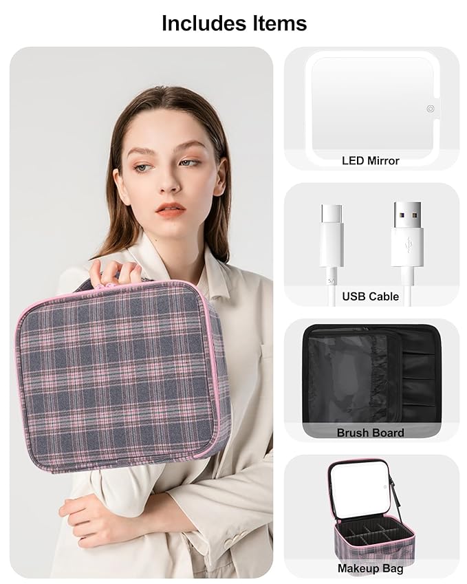Makeup Bag With LED Mirror, Travel Makeup Case with Light up Mirror Large Cosmetic Case with 3 Color Lighted Portable Organizer Bag with Adjustable Dividers(Pink/Grey Stripes-Canvas, Small)