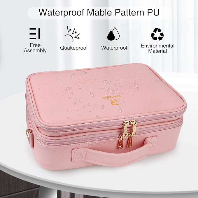 Relavel Makeup Bag Travel Makeup Train Case 13.8 inches Large Cosmetic Case Professional Portable Makeup Brush Holder Organizer and Storage with Adjustable Dividers and Shoulder Strap (Pink)