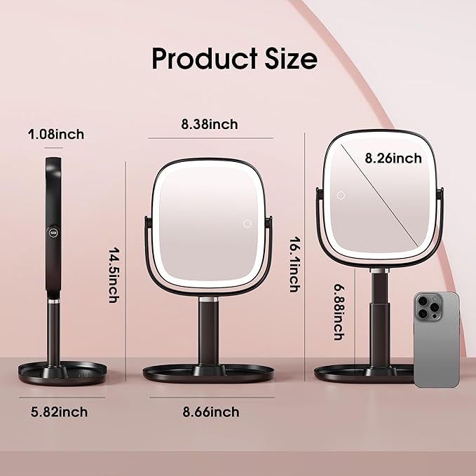 Makeup Mirror with Lights - 10x/1x Magnifying Mirror with Light, Rechargeable Desk Mirror with 3-Color Lighting & Memory Function, 360° Adjustable Table Mirror, Gift for Women (Black)