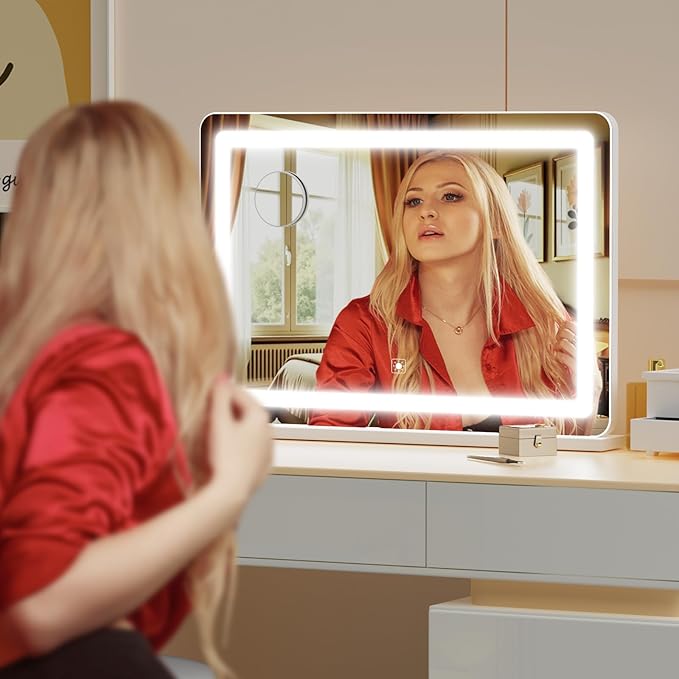 Makeup Vanity Mirror with USB Charging Port 28" x 22" Large LED Makeup Mirror, Desk Mirorr with Lights, Light up Mirror with 10X Magnification and, Dimmable 3 Modes, Touch Control White