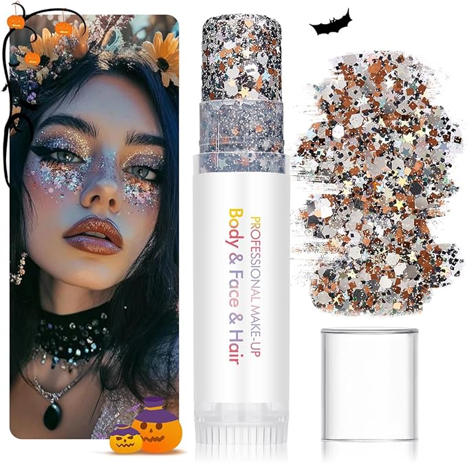 Body Glitter Stick Red Face Glitter Silver Brown Hair Glitter Halloween Face Paint Rave Makeup Glitter Festive Face Gems Christmas Fine Chunky Glitter Stick for Women Girls 2Pack