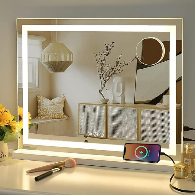 Sucedey Vanity Mirror with Lights, 23" x 18" Makeup Mirror, Hollywood Mirror with 3 Color Modes & Adjustable Brightness, Detachable 10x Zoom Mirror and USB Charging Design (White)