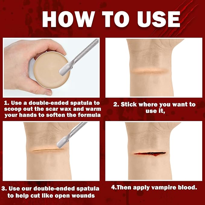 Scar Wax and Fake Blood Gel Set Scar Wax Kit with Spatula for Wound Modeling Skin Wax Fake Nose SFX Zombie Vampire Cosplay Makeup Halloween Special Effects Makeup