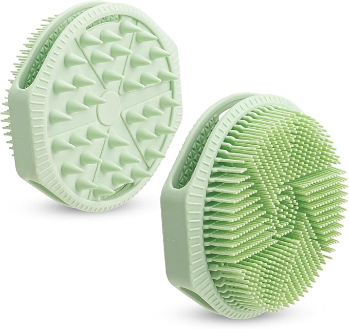 Silicone Shower Scrubber Women Men 2 Pcs Exfoliating Body Scrubber Exfoliator Scalp Non-Slip Hollow Hand Glove Loofah Alternative Deep Clean Wash Dual-Sided Durable Scrub Bath Essentials Green Purple