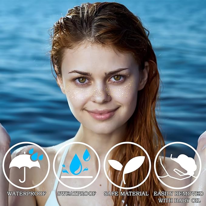 Face Glitter Freckles Tattoo, Glitter Face Makeup Patches, Body Glitter Sparkle Freckles Stickers for Women Kid, Festival Concert Carnival Party Halloween Decor Rave Outfits, 24PCS Gold Glitter