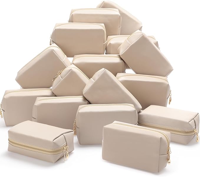 Kigeli 15 Pcs Aesthetic Makeup Bags PU Leather Cosmetic Pouches Waterproof Plain Toiletry Bags Makeup Pouches Bulk for Women Party Gift Travel Storage Organizer (Nude Color)