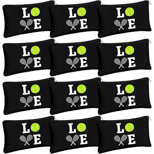 Moukeren 12 Pieces Tennis Makeup Bag Cosmetic Bag Travel Portable Storage Toiletry Case Accessories with Zippers Tennis Gifts for Lovers Players Teams Women Girls(Black)