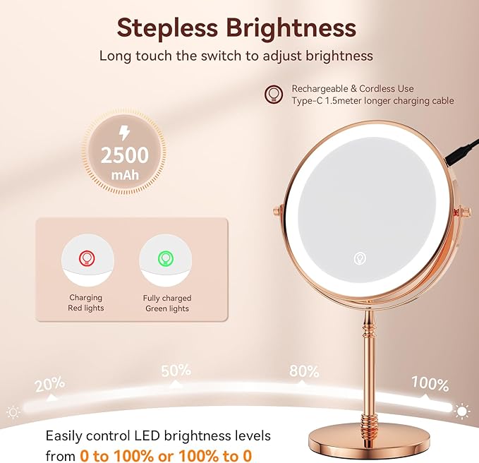 Nicesail 1X/10X Magnifying Mirror with 3 Color Dimmable Lighting, Makeup Mirrors Light up and Magnified with 360 Rotation for Table, Rose Gold(8 Inch, 10X Magnification)