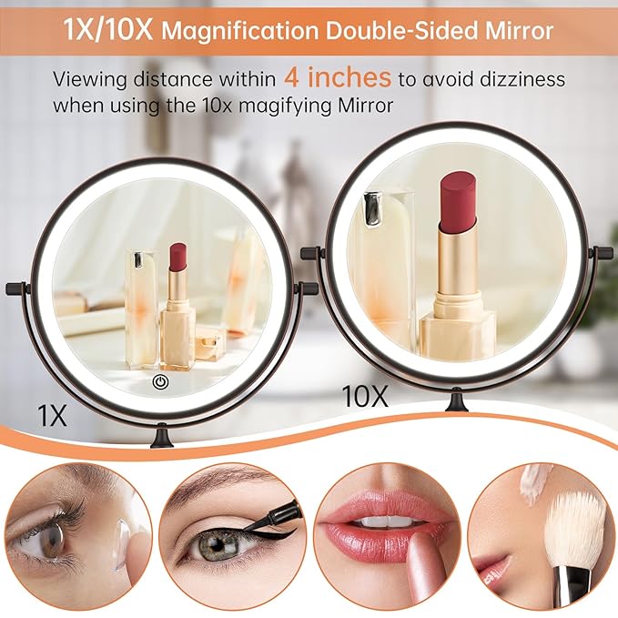 Rechargeable Wall Mounted Lighted Makeup Vanity Mirror 8 Inch Double Sided 1X 10X Magnifying Bathroom Mirror, 3 Color Lighting, Touch Dimming, Extended Arm 360 Rotation Light up Mirror Antique Bronze