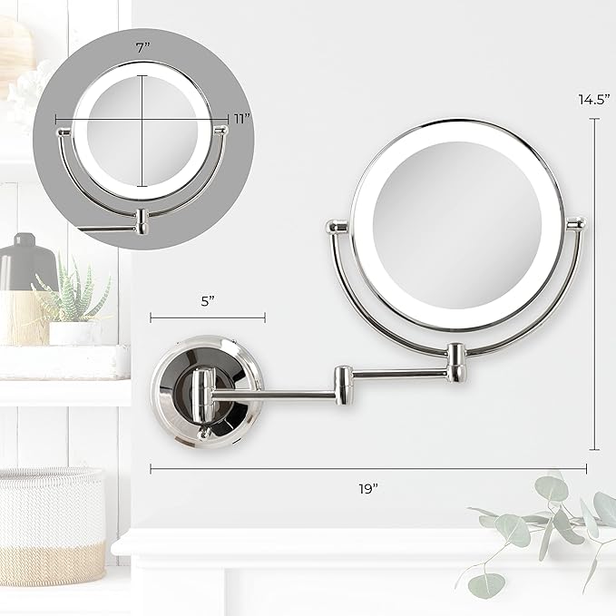 Zadro 11" LED Wall Mounted Makeup Mirror 5X/1X Shaving Mirror Plug in or Battery Operated Vanity Mirrors for Wall (Large | 5X/1X | 11" x 14.5", Chrome)