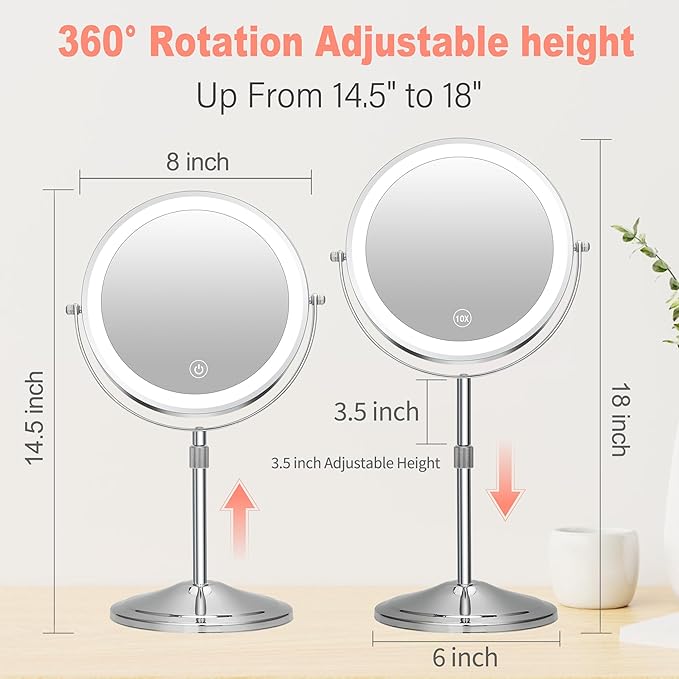Lighted Makeup Mirror with Magnification, 10X 8’’Rechargeable Double Sided Vanity Mirror with Lights Magnifying Makeup Mirror with 3 Color Light with 360° Rotation, Detachable Base
