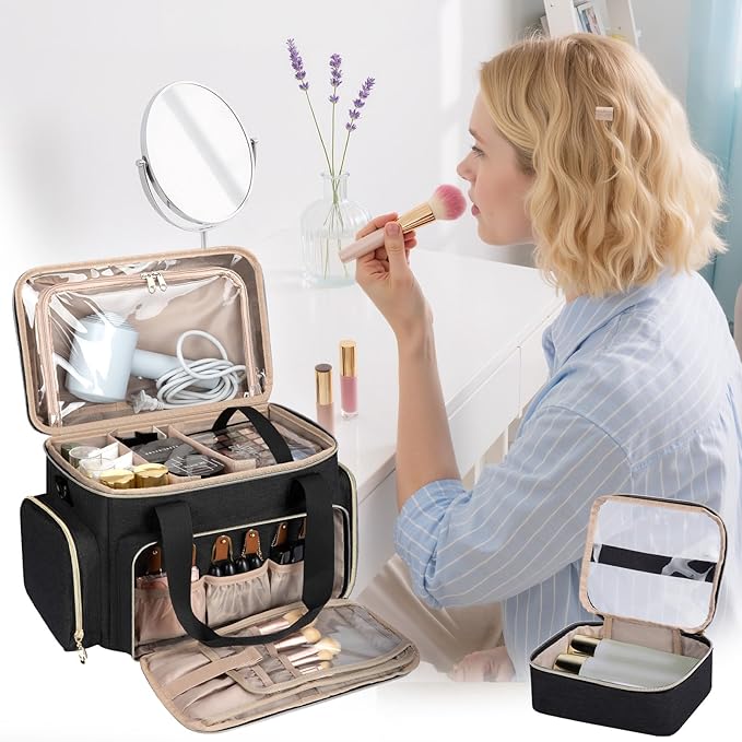 Large Makeup Bag, Portable Travel Makeup Bag Organizer for Women Girls with 2 Removable Pouches & Detachable Dividers, Cosmetic Travel Bag, Toiletry Bag for Makeup and Hair Supplies Black
