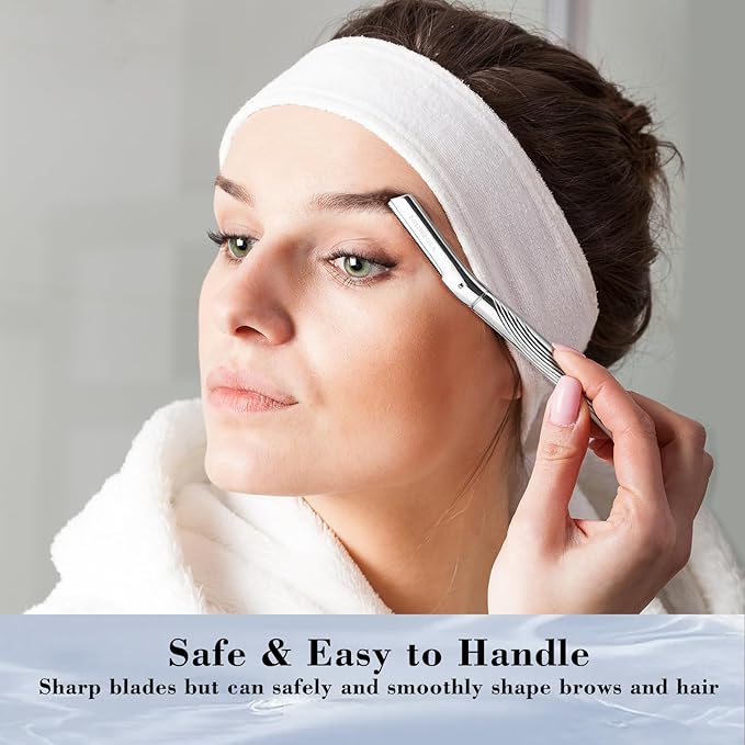 Eyebrow Razor, Face Razors for Women and Men, Reusable Metal Handle with 6 Refill Blades, Eyebrow Trimmer with Precision Cover, Dermaplane Razor, Skin Care Tool - Shiny Silver