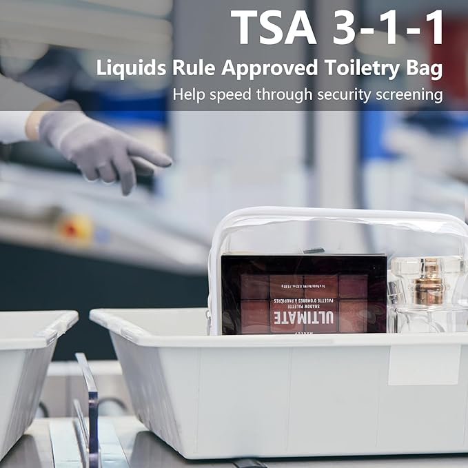 4 Pack Clear TSA Approved Travel Toiletry Bag, Carry on Travel Accessories Bag Airport Airline Quart Size Bags Cosmetic Bag for Women Clear Bogg Beach Makup Bag Accessories with 3 Pack Insert Hooks