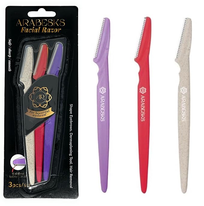 ARABESKS Eyebrow & Face Razors for Women – Dermaplaning Tool with Safety Guard, Eco-Friendly Handle – Peach Fuzz Remover, 3-Pack