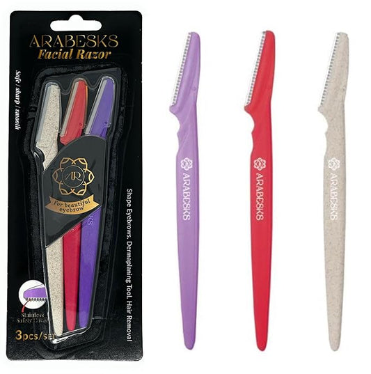 ARABESKS Eyebrow & Face Razors for Women – Dermaplaning Tool with Safety Guard, Eco-Friendly Handle – Peach Fuzz Remover, 3-Pack