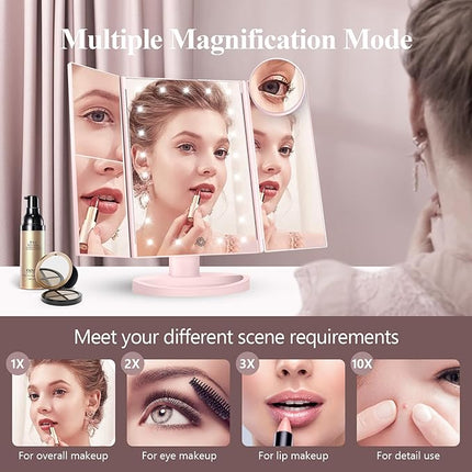 HUONUL Makeup Mirror, Vanity Mirror with Lights, 2X/3X/10X Magnification, Touch Control, Trifold Mirror, Dual Power Supply, Valentines Day Gifts for Her,Gifts for Women, Wife, Mom, Teengirls