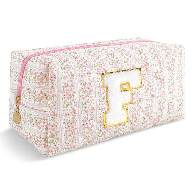 Personalized Quilted Cosmetic Bag, Puffy Monogrammed Christmas Birthday Gifts for Women & Girls, Cute initial Floral Makeup Bag Puffer Coquette Bag, Aesthetic Travel Toiletry Zipper Pouch(Pink,F)
