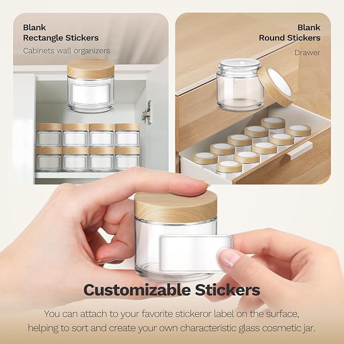 2 oz Glass Jars with Plastic Woodgrain Lids, Bumobum 48 pack Round Clear Cream Jars with Black and White Labels & Inner Liners, Empty Cosmetic Containers for Cream, Lotion, Ointment
