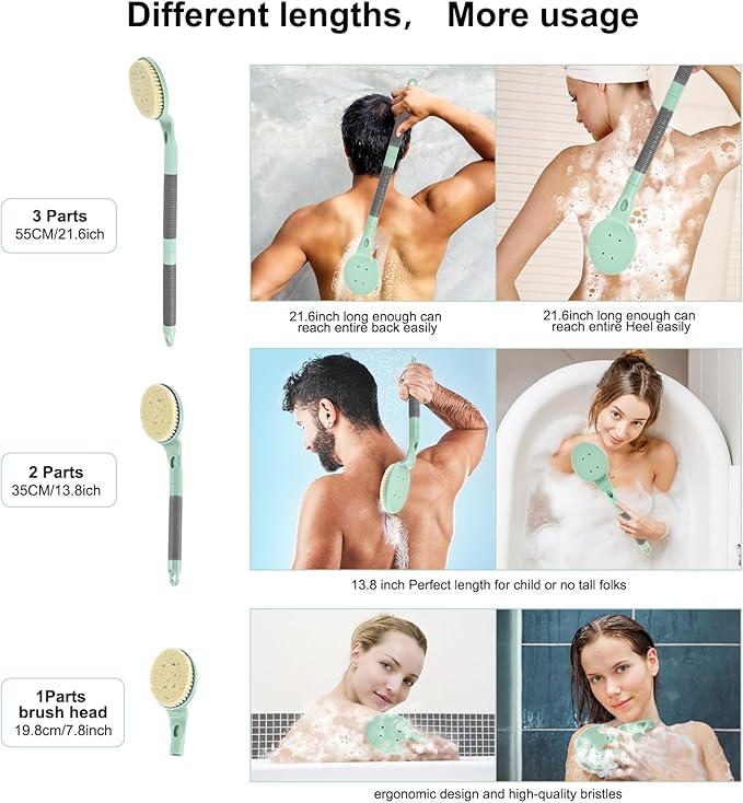 Back Scrubber Anti Slip for Shower, 21.7” Detachable Back Bath Brush for Shower, Back Scrubber, Exfoliation and Improved Skin Health for Elderly with Limited Arm Movement, Disabled (21.7” Cyan)