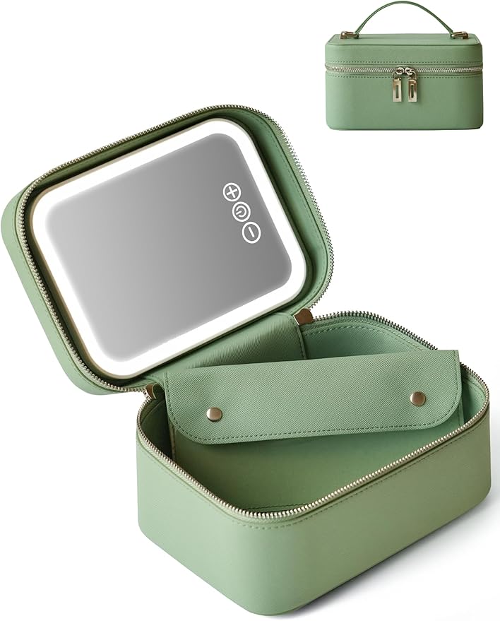 Popvibe Travel Vanity Case with Mirror and Light, Compact Traveling Makeup Bag Set with Brush Holder, Sage Green Leather Cosmetic Case Lighted Up Makeup Vanity Bag Portable Make Up Box Train Case Cute