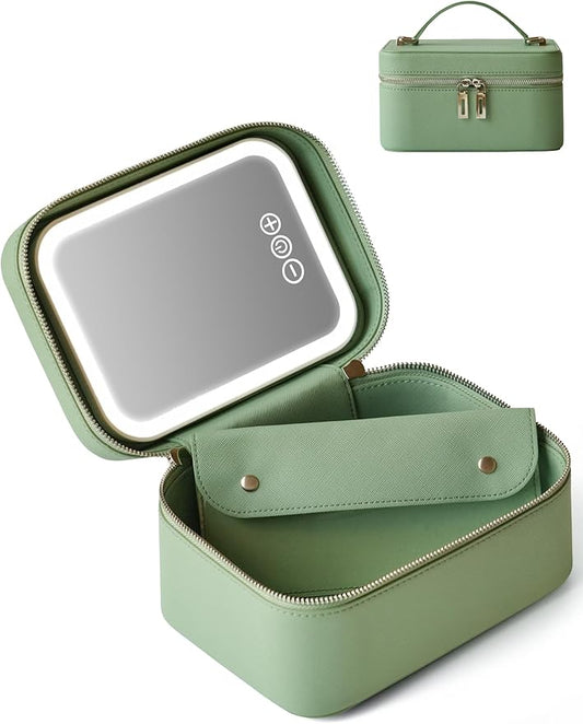 Popvibe Travel Vanity Case with Mirror and Light, Compact Traveling Makeup Bag Set with Brush Holder, Sage Green Leather Cosmetic Case Lighted Up Makeup Vanity Bag Portable Make Up Box Train Case Cute