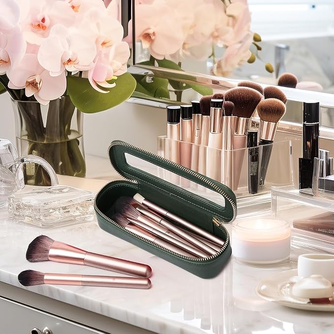 Pinkmik Travel Makeup Bag with Brush Holder Portable Clear Cosmetic Case Waterproof Toiletry Bag Cosmetic Organizer for Women (X/Green, L+SLIM)