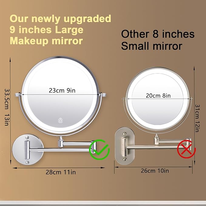 9 Inch Large Rechargeable Lighted Makeup Vanity Mirror Wall Mounted, 1X/10X Magnifying Mirror with Light for Bathroom 3000mAh USB Charging, Chrome Wall Mounted Mirror Swing Arm with 3 Light for Makeup