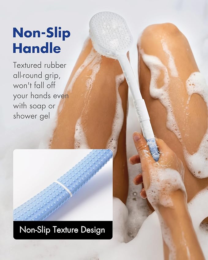 Rafow Ergonomic Back Scrubber for Shower - Anti Slip Long Handle Bath Brush with Stiff and Soft Bristles - Showering Exfoliator Wet or Dry Brushing for Women, Men, Elderly (Curved Handle Blue)