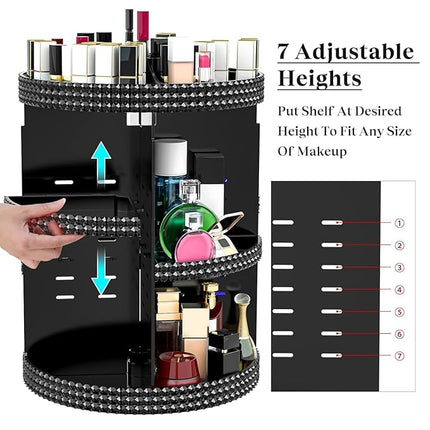 Black 360 Makeup Organizer Degree Rotating, 7 Layers Large Capacity Cosmetic Storage, Acrylic Makeup Organizers, Organizador De Perfumes Fits Makeup Brushes, Lipsticks, Bathroom, Black