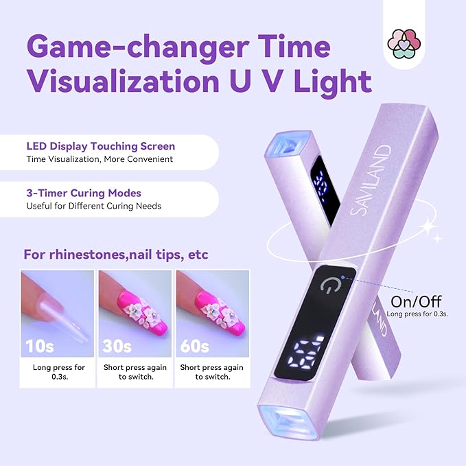 SAVILAND Handheld U V Light for Gel Nails: Magnetic Stand & 10S Flash Cure Mini Nail Light 3-Timer Modes Portable LED Nail Lamp Nail Dryer Cordless Gel Lamp LCD Screen Home DIY Manicure Purple