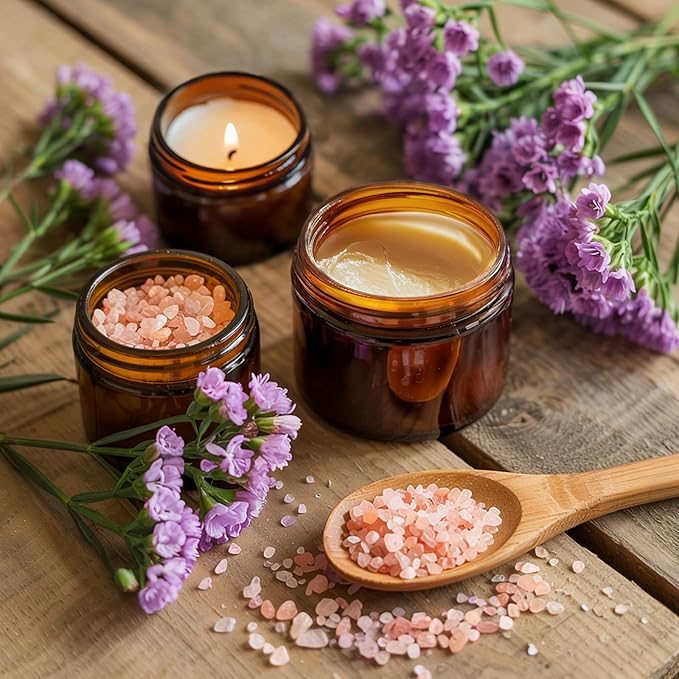 Amber 2oz Glass Jars with Lids - 24 Pack Leakproof Small Cosmetic Containers with Inner Liners, Wide-Round Smooth Mouth, Sealable for Creams, Lotions, Essential Oils, Body Butter, Travel Samples