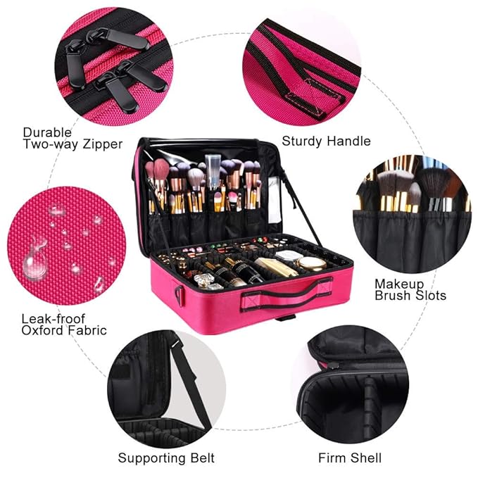 gzcz Professional Travel Makeup Case 13.5 Inches Makeup Bag Cosmetic Brush Organizer Portable Artist Storage Train Bag with Adjustable Dividers for Make Up Accessories（M-Rose Red）