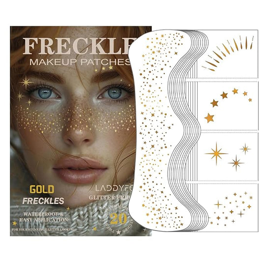 20 Pcs Gold Face Makeup Patches, Glitter Freckles Face Tattoo Gold Makeup, Glitter Freckles, Sparkle Makeup Patches, Waterproof Face Glitter Freckles Patches for Women