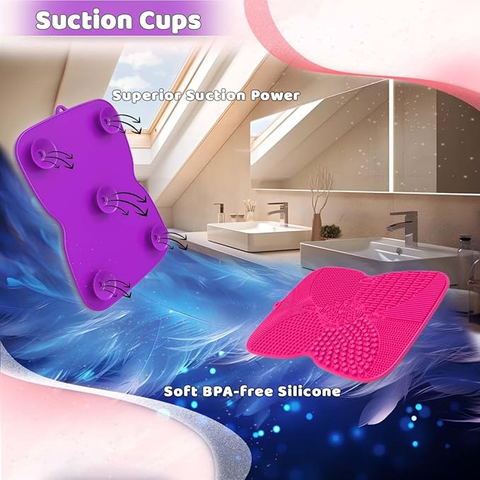 2 Pack Silicone Makeup Brush Cleaner Pad with Suction Cup, 8 Textures, Stable, YalsFTY Makeup Brush Cleaning Mat with Suction Cup (Rose and Purple)