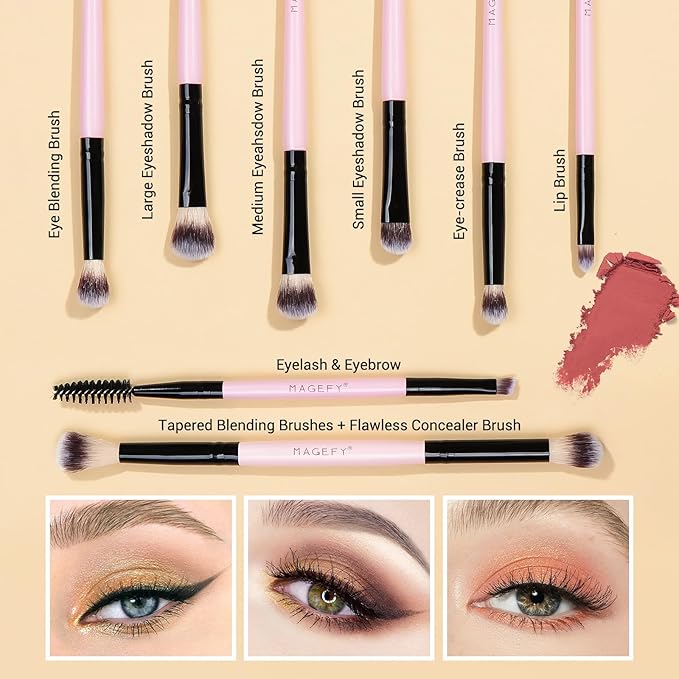 MAGEFY Makeup Brushes 12Pcs with Bag, Double-End Multi-functional for Foundation Powder Blush Eyeliner Eyeshadows brushes with Gift Box,Pink