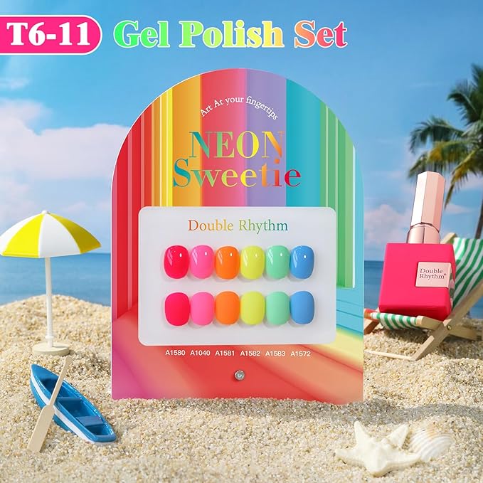 Double Rhythm 6 Pcs 15 ML Gel Polish Set Same Color Same Bottle Soak Off Gel Polish Kit Nail Art Manicure Salon DIY at Home for Women (Pastel Red Pink Orange Yellow Green-T6-11)