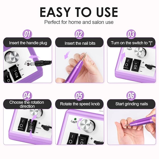 Subay Professional Finger Toe Nail Care Electric Nail Drill Machine Manicure Pedicure Kit Electric Nail Art File Drill with 1 Pack of Sanding Bands (Purple)