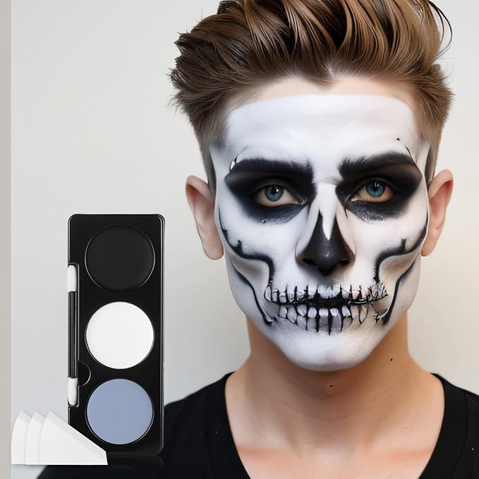 Black White Light Grey Face Paint + 3PCS Sponge + Brush,3 Colors Gray Body Paint for Zombie Skeleton Skull Vampire,Halloween SFX Makeup Kit,Eye Black for Baseball/Softball/Football,21g