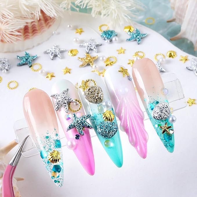 Summer Nail Art Rhinestones,Shiny Shell Starfish Nail Charms 3D Resin Nail Art Charms Metal Star Seashell Starfish Theme Summer Charms for Acrylic Nails Pearl for Women DIY Accessories Decor