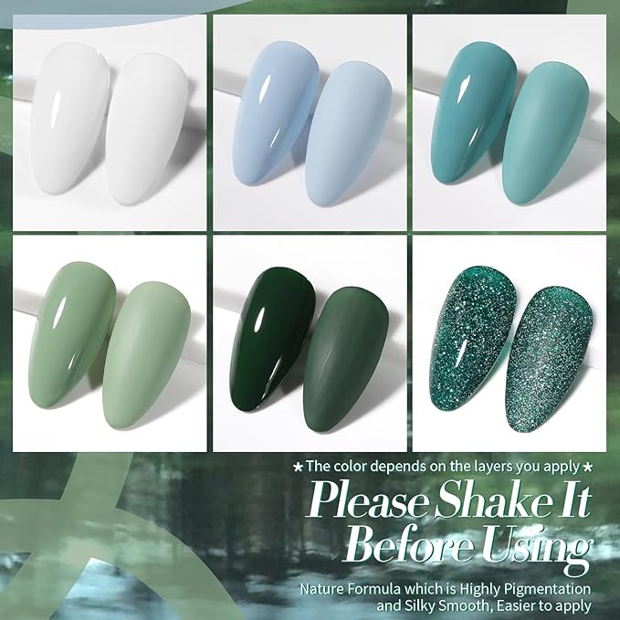 Born Pretty Christmas Green Gel Nail Polish,Light Green to Dark Shades Glitter Blue White Gel Polish Rainforest Saint Paclita's Soak Off U v LED Light Cure for Salon Manicure and Nail Art DIY at Home