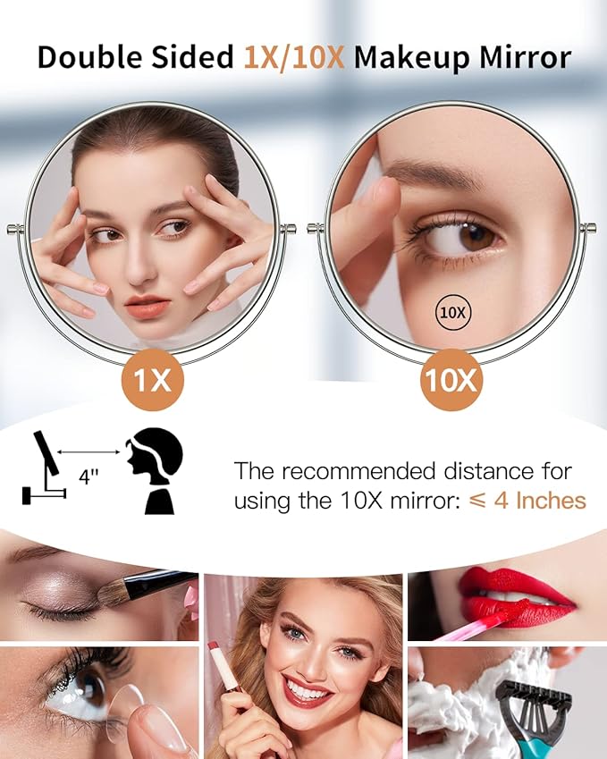 Benbilry 9" Large Size Wall Mounted Makeup Vanity Mirror, 1X/10X Magnifying Double Sided Shaving Mirror for Bathroom, 360° Swivel Extendable Arm, Nickel Finish